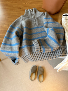 25%羊毛 厚实大版 ins简约复古半拉链条纹毛衣女秋冬 韩国e