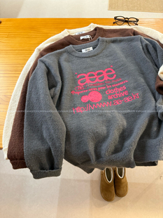 字母宽松休闲套头针织衫 复古美式 毛衣女 e糯软毛绒绒 韩国a