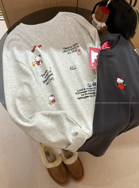 小猫纸袋装！hello kt猫刺绣 后背涂鸦字母保暖磨毛T恤打底上衣女