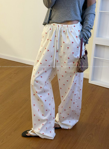 kir**！慵懒少女感 樱桃印花抽绳松紧腰休闲裤女包邮