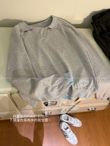 东大门/简约洋气！刺绣polo领小V领拼接设计感针织衫毛衣女包邮