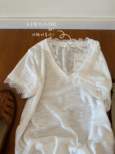 diana～巨好穿 包邮 全棉竹节机理 T恤 蕾丝白色V领短袖 韩国面料