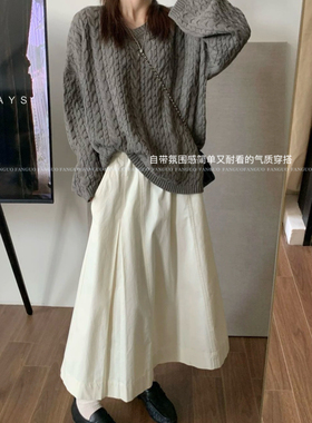 韩国st*t 日系松弛感复古文艺挺括质感洗水棉大摆A字裙工装裙包邮