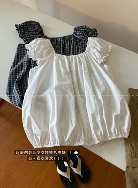 our*减龄娃娃衫 显锁骨木耳边小飞袖收下摆衬衫小衫女包邮