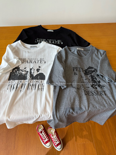 韩国jade 猫咪 包邮 歌手乐队 T恤女 港风 复古美式 帅 全棉短袖