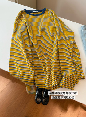 东大门 配色狠好看！全棉复古慵懒风宽松休闲条纹T恤女包邮