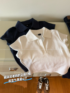 包邮 简约高级老钱风polo衫 刺绣T恤女 正肩短袖 one