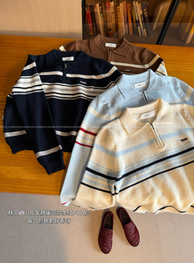 韩国pou*h  美式复古拉链polo领条纹针织衫女羊毛毛衣