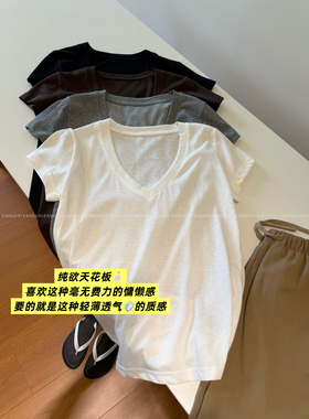 人手bi入！百搭巨显瘦 简约V领冰爽竹节棉正肩短袖纯色T恤女包邮