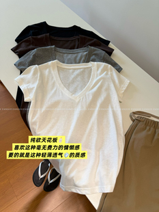 人手bi入!百搭巨显瘦 简约V领冰爽竹节棉正肩短袖纯色T恤女包邮