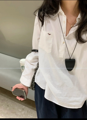 【文艺松弛感】100%洗水棉 小海鸥刺绣口白衬衫休闲衬衣女亨利衫