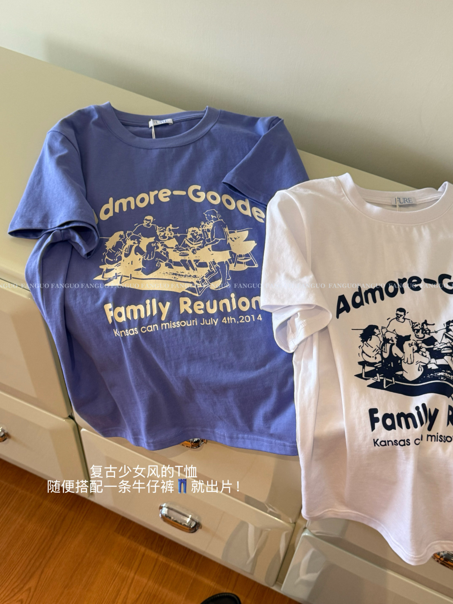 韩国fur* 薰衣草蓝美爆了～ family印花全棉正肩短袖T恤女包邮