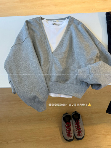 statament 上身巨洋气！叠穿高级设计感 V领落肩全棉毛圈卫衣包邮