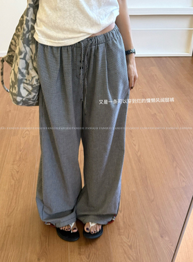 东大门！慵懒风棉麻日系格子裤扣子休闲裤显瘦阔腿裤女包邮