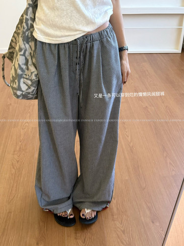 东大门！慵懒风棉麻日系格子裤扣子休闲裤显瘦阔腿裤女包邮