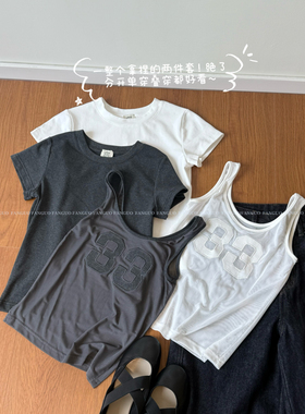 韩国let* 美式复古球衣 33刺绣背心显瘦正肩短袖T恤女两件套包邮