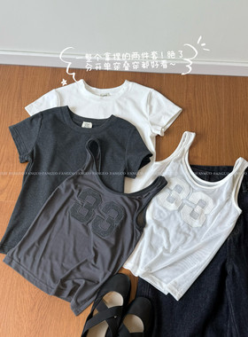 韩国let* 美式复古球衣 33刺绣背心显瘦正肩短袖T恤女两件套包邮
