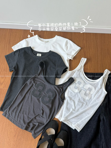 韩国let* 美式复古球衣 33刺绣背心显瘦正肩短袖T恤女两件套包邮