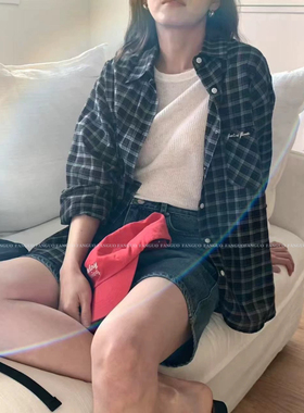 韩国veni*  慵懒风 夏季超薄透气棉麻格子衬衫防晒长袖衬衣女