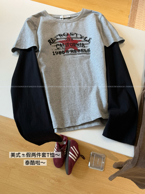 韩单！old school美式复古假俩件全棉休闲长袖T恤女包邮