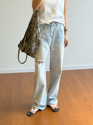 痞帅松弛感！无弹～浅蓝泛白做旧泼墨破洞直筒牛仔裤女包邮