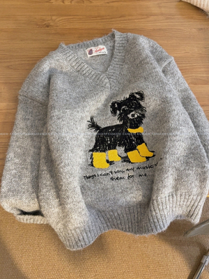 韩国订单！慵懒风潦草小狗刺绣 含羊毛宽松v领大毛衣女