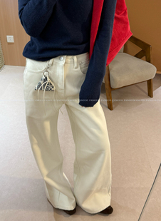 有腔调！复古老钱风！腰果花加绒加厚直筒显瘦白色牛仔裤女