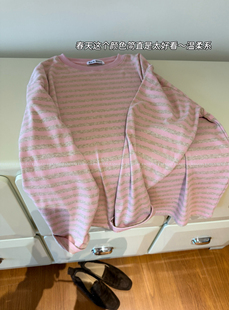 东大门单这个粉绝了 条纹T恤 包邮 ins慵懒风磨毛宽松全棉撞色长袖