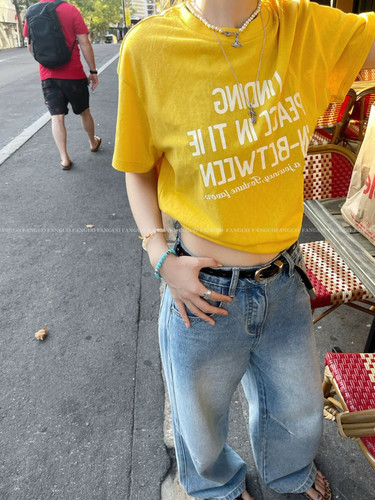 ins博主款！巨显白！多巴胺减龄甜美黄色印花竹节冰爽棉短袖T恤女