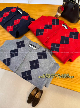 韩国cash* ！许研同款！美式复古学院风菱格针织毛衣开衫女