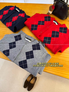 复古学院风菱格针织毛衣开衫 美式 女 许研同款 韩国cash