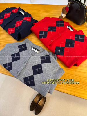 韩国cash* ！许研同款！美式复古学院风菱格针织毛衣开衫女