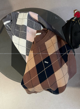 韩国gro* 美式复古 学院风菱格V领拼色套头针织毛衣上衣女