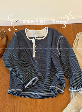 viap*in 我的心头好！复古日系全棉简约条纹长袖T恤亨利衫包邮