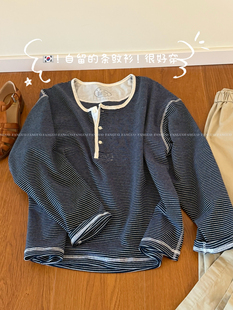心头好 我 T恤亨利衫 包邮 复古日系全棉简约条纹长袖 viap