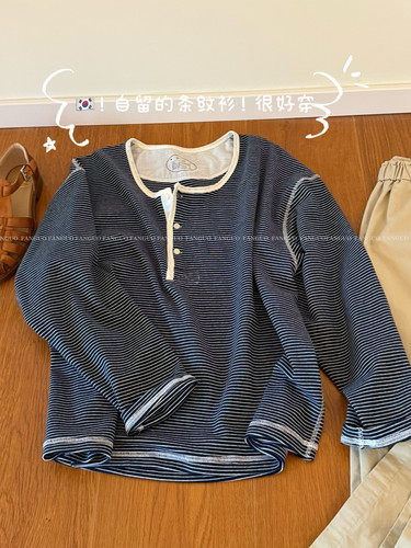 viap*in 我的心头好！复古日系全棉简约条纹长袖T恤亨利衫包邮