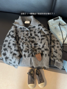 韩国R*D 小众高级复古豹纹羊毛毛衣开衫立领针织外套女潮