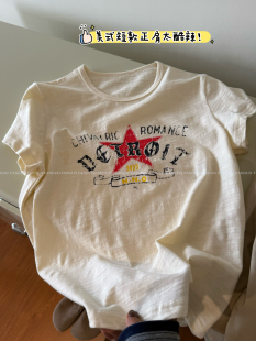 包邮 美式 正肩显瘦T恤 复古竹节棉五角星印花短袖 韩国mirrior