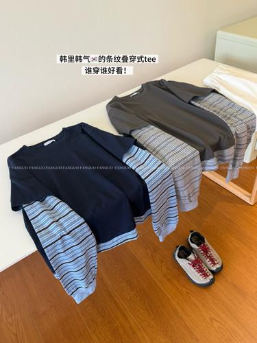 韩国lc 杨超越同款 美式复古假俩件 撞色条纹长袖T恤衫女包邮