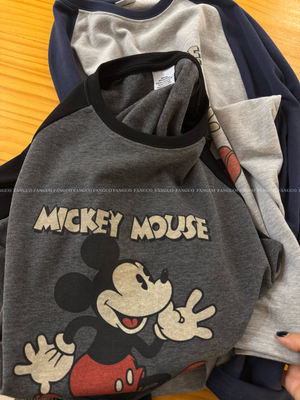 迪思泥！糯软！米奇撞色插肩袖拉绒磨毛保暖长袖T恤女