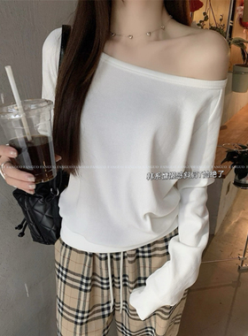 巨显瘦！美爆2ways螺纹弹力一字肩长袖T恤上衣女
