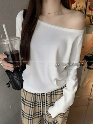 巨显瘦！美爆2ways螺纹弹力一字肩长袖T恤上衣女