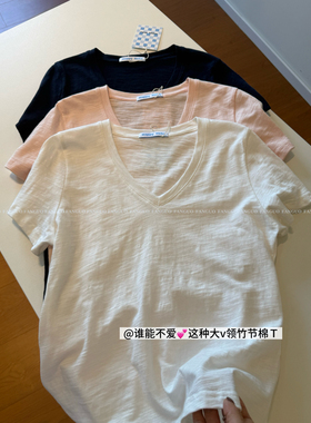 韩国noko 会呼吸的/竹节棉  V领正肩显瘦短袖T恤女基础款包邮