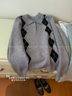 pepper*复古学院风 缪系菱格Polo衫显瘦针织衫正肩毛衣女包邮