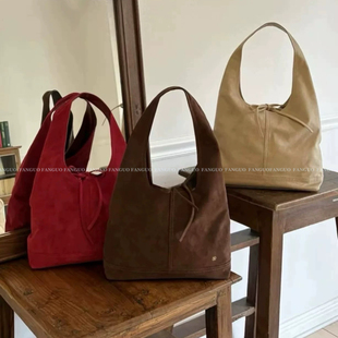 鹿皮绒复古蝴蝶结绑带单肩包大容量托特包 巨洋气 韩国depo