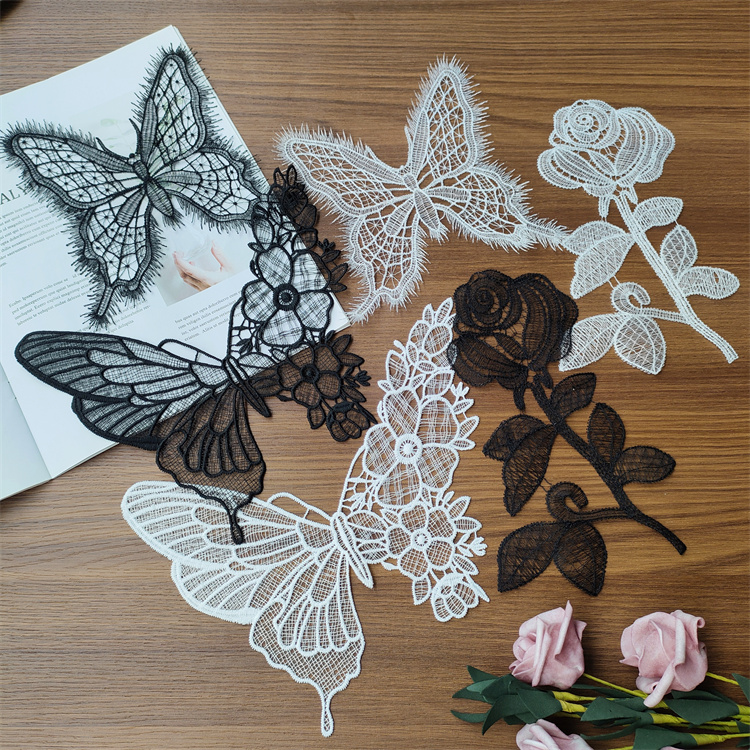 黑白玫瑰花刺绣辅料布贴