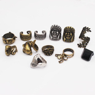 青岛饰品欧美朋克动物蛇海豚企鹅ESC牙齿手印第安人头复古戒指12