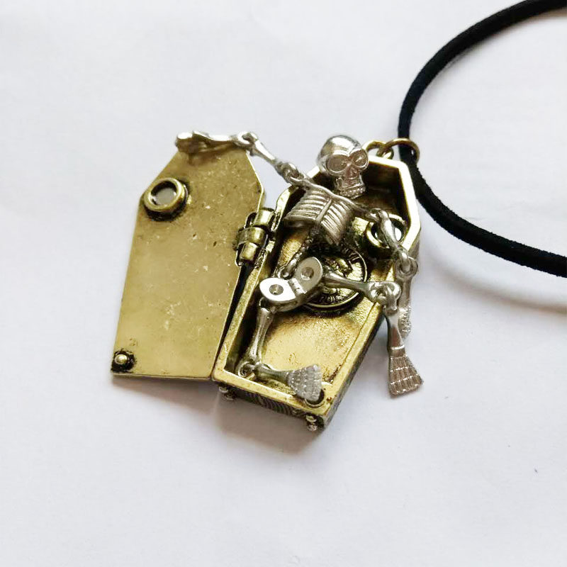 原创手工蒸汽朋克项链欧美复古歌特棺材骷髅猛鬼出棺皮绳男女打开