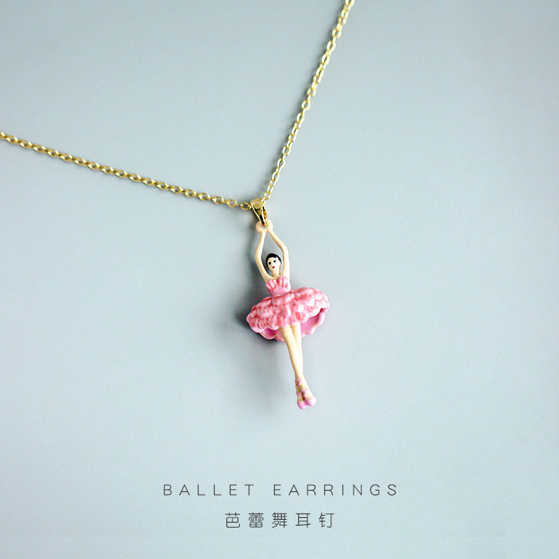 2021年春夏新款珐琅釉粉色羽毛芭蕾项链欧美复古清新ins风女