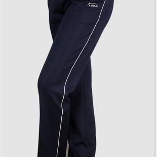 鲁美运动长裤女春秋冬南韩丝休闲跑步校服裤高腰直筒弹力深蓝白条